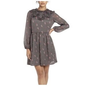 Free People Grey Babydoll Ruffle Collar Mini Dress Long Sleeve Print Size 8